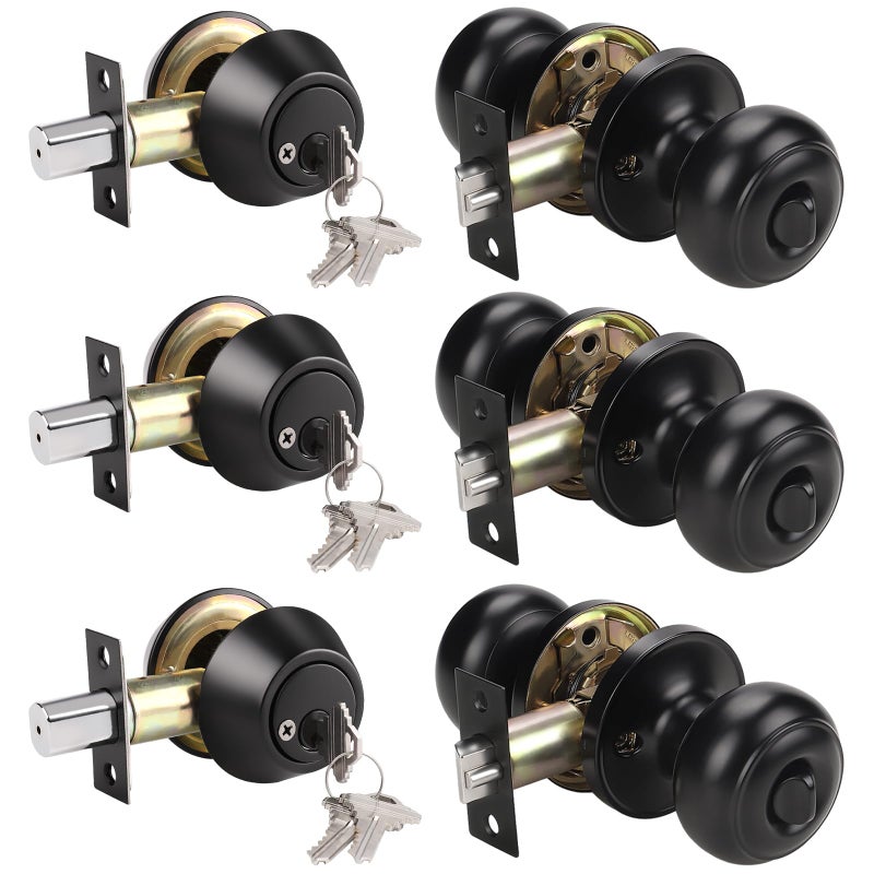 KNOBWELL 3 Pack Keyed Alike Entry Door Knobs and Double Cylinder Deadbolt Lock Combo Set Security for Exterior and Front Door, Keyed Entry Door Locksets with Deadbolt, Matte Black Finish - Image 1